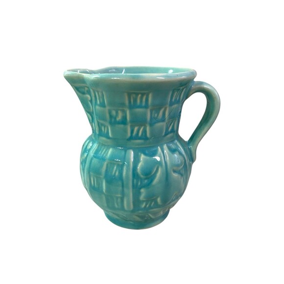 Old Aqua Green Pottery Pitcher w Handle 4.5” Oak Leaf Checked Vintage Excellent - Picture 10 of 12